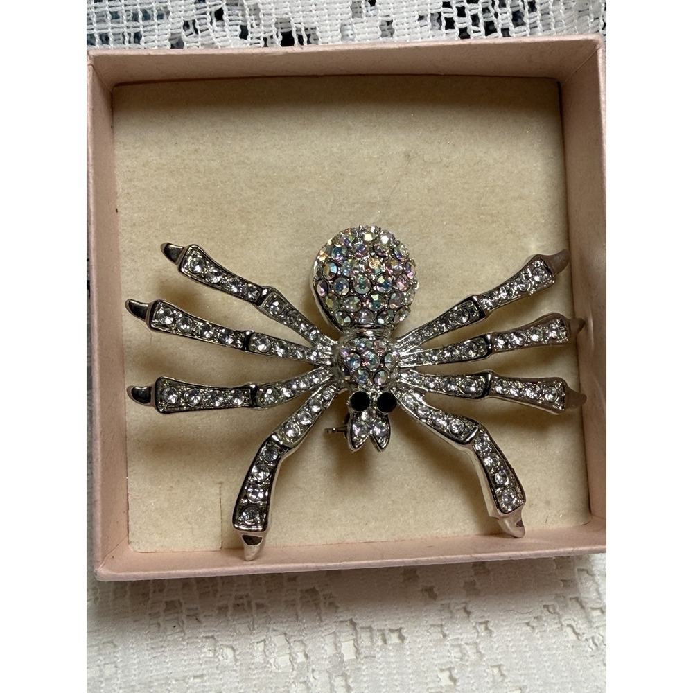 Large AB Rhinestone Tarantula Spider Brooch Silver Tone Gothic Halloween 3in